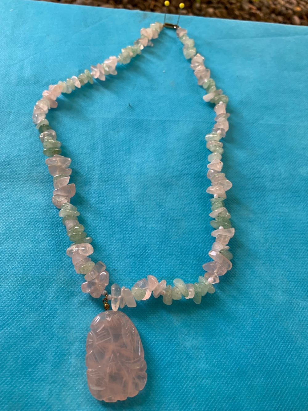 Vintage Carol Dauplaise Rose Quartz Carved Pendant Statement Necklace